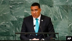 FILE - Prime Minister of Jamaica Andrew Holness addresses the 77th session of the United Nations General Assembly at UN headquarters, Sept. 22, 2022.