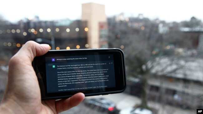FILE - A ChatGPT prompt is shown on a device near a public school in Brooklyn, New York, Thursday, Jan. 5, 2023.