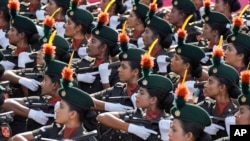 Sri Lanka army women's corp soldiers march during the 75th Independence Day ceremony in Colombo, Sri Lanka, Saturday, Feb. 4, 2023. 
