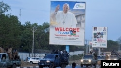 South Sudanese soldiers patrol the streets of Juba ahead of Pope Francis' visit to the country this week in Juba, South Sudan, Feb. 2, 2023. 