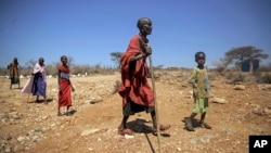 FILE - Elijah Leshakwet, 4, and her grandmother, Marseyian Letooye, walk in Samburu County, Kenya, on Oct. 13, 2022. A U.S. official said Feb. 1, 2023, that there is an urgent need to develop crops that can withstand climate change and feed Africa’s growing population.