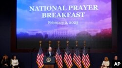President Joe Biden speaks at the National Prayer Breakfast on Capitol Hill, Feb. 2, 2023, in Washington. 