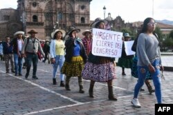 Andean people from Chumbivilcas take part in a protest against the government of Peruvian President Dina Boluarte in Cusco, Peru, Jan. 16, 2023.