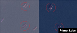 1월 28일(왼쪽)과 30일 촬영된 위성사진에 나타난 선박 간 환적 추정 장면(원 안). 사진=Planet Labs