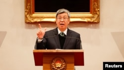 陈建仁在台湾总统府的记者会上接任台湾行政院长后发表讲话。（2023年1月27日）