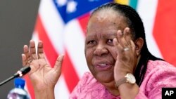 FILE: South Africa's Foreign Minister Naledi Pandor speaks to members of the media in Pretoria, South Africa, Aug. 8, 2022. Russia and China will conduct naval drills in the Indian Ocean off the coast of South Africa in February 2023.