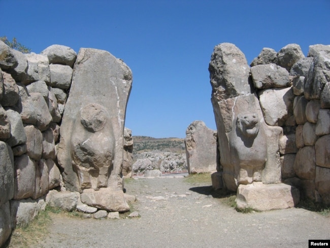 The Lion Gate in the stone wall that surrounded the ancient city of Hattusa, the capital of the Hittite empire located at the village of Bogazkoy in Turkey, is seen in this undated handout picture. (Benjamin Anderson/Handout via REUTERS)