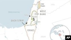 A locator map of Israel, the Gaza Strip and the West Bank.