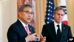 South Korean Foreign Minister Park Jin speaks alongside US Secretary of State Antony Blinken Feb, 3, 2023, at the State Department in Washington. 