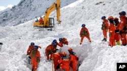 In this photo released by Xinhua News Agency, Rescuers search for survivors following an avalanche in Nyingchi, southwest China's Tibet Autonomous Region, on Jan. 20, 2023. 