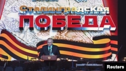 Russian President Vladimir Putin speaks during a concert marking the 80th anniversary of the Battle of Stalingrad in the World War II, in Volgograd, Russia, Feb. 2, 2023. (Sputnik/Dmitry Azarov/Pool via Reuters)