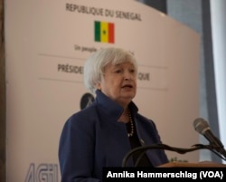 U.S. Treasury Secretary Janet Yellen speaks at a women and youth business incubator in Dakar, Senegal, Jan. 20, 2023.