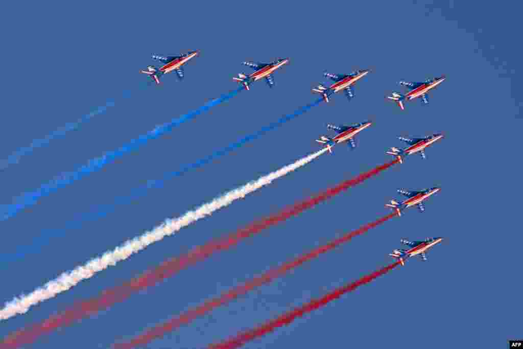 The French elite acrobatic flying team &quot;Patrouille de France&quot; flies over the race track prior to the Women&#39;s Super-G event of the FIS Alpine Ski World Championship 2023 in Meribel, French Alps.