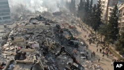 Aerial photo showing collapsed buildings in Kahramanmaras, southern Turkey, Feb. 11, 2023.