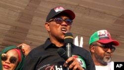 Nigeria's Labour Party presidential candidate Peter Obi, speaks to his supporters during an election campaign rally in Abuja, Nigeria, Feb. 9, 2023.