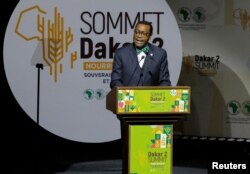 Akinwumi Adesina, presiden Bank Pembangunan Afrika, memberikan sambutan pada KTT Dakar bertema "Feed Africa" di Dakar, Senegal, 25 Januari 2023. (REUTERS/Ngouda Dione)