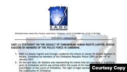 The letter written by SADC Lawyers' Association condemning ZRP Riot squad's violent attack on Zimbabwean Lawyer, Mr. Kudza Kadzere
