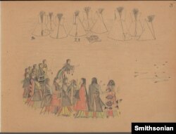 This ca. 1903-1904 drawing by Cheyenne artist Charles Murphy shows men and women playing snow-snake game. Smithsonian Institution Anthropological Archives MS 2531