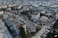 Aerial photo shows the destruction in Hatay city center, southern Turkey, Feb. 7, 2023.