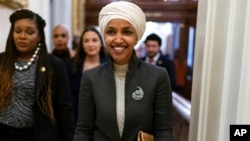 Democratic Representative Ilhan Omar leaves the House chamber at the Capitol in Washington, Feb. 2, 2023. House Republicans voted to oust Omar from the Foreign Affairs Committee. The vote came after her past comments critical of Israel.
