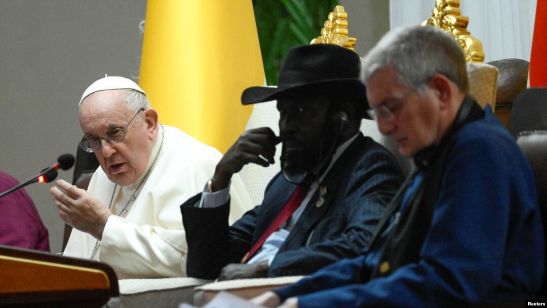 Pope Francis addresses a gathering at the Presidential Palace during Pope's apostolic journey, in Juba, South Sudan, February 3, 2023. 