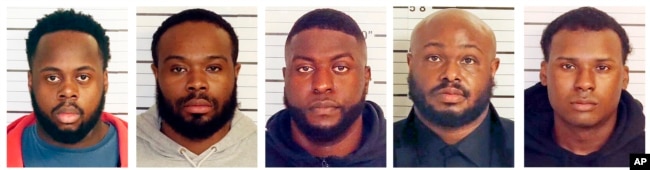 This combo of booking images provided by the Shelby County Sheriff's Office shows, from left, Tadarrius Bean, Demetrius Haley, Emmitt Martin III, Desmond Mills, Jr. and Justin Smith. The five former Memphis police officers have been charged with second-degree murder and other crimes in the arrest and death of Tyre Nichols, a Black motorist who died three days after a confrontation with the officers during a traffic stop, records showed Jan. 26, 2023.