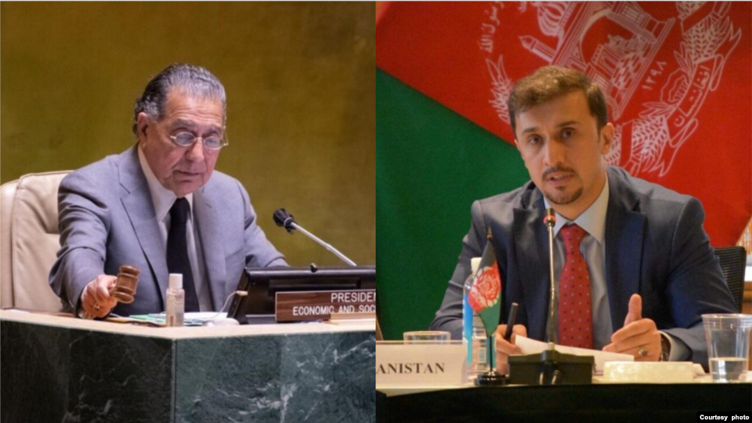 ښي خوا ته په ملګرو ملتونو کې د افغانستان د نماینده ګۍ سرپرست نصیر احمد فایق او کیڼ لوري ته په ملګرو ملتونو کې د پاکستان استازی منیر اکرم