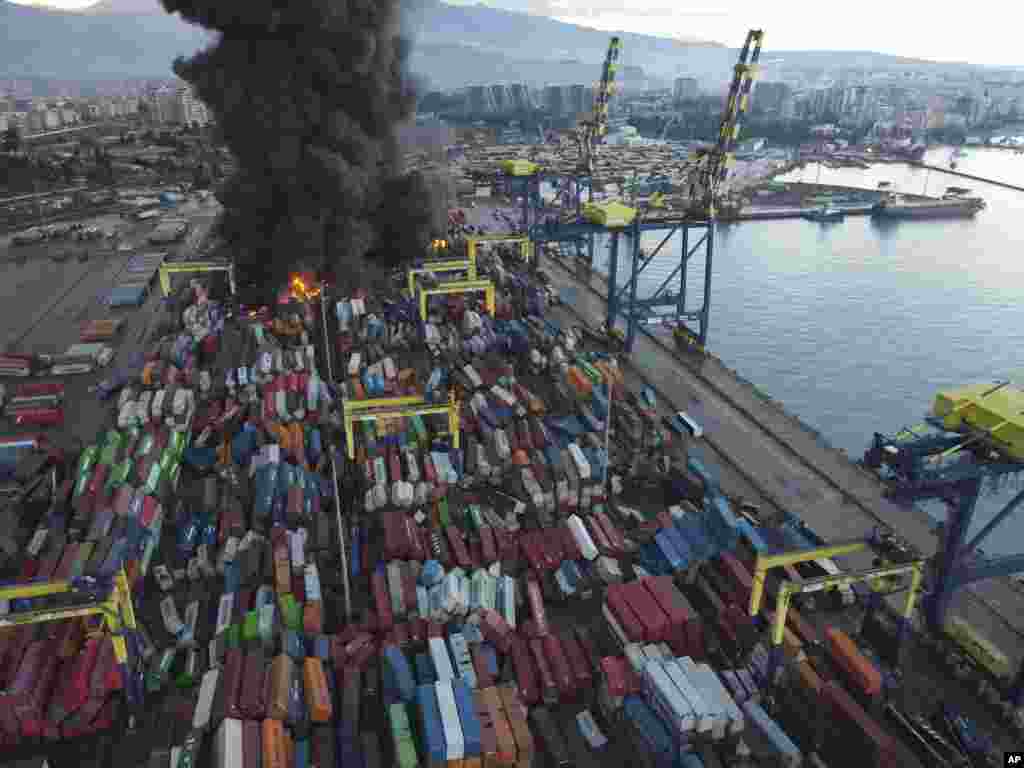 Smoke rises from burning containers at the port in the earthquake-stricken town of Iskenderun, southern Turkey.&nbsp;Reports said the fire was caused by containers that toppled over during the powerful earthquake that struck southeast Turkey.