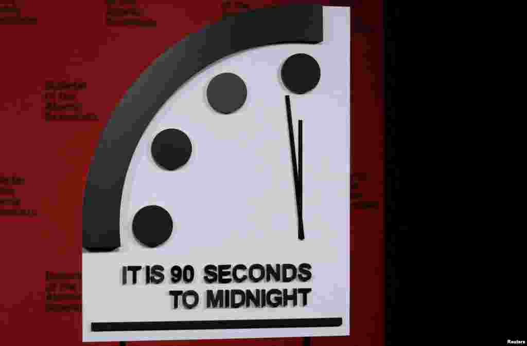 The &quot;Doomsday Clock&quot; is moved to 90 seconds to midnight at the National Press Club in Washington.&nbsp;Atomic scientists set the &quot;Doomsday&nbsp;Clock&quot; closer to midnight than ever before, saying threats of nuclear war, disease, and climate volatility have been exacerbated by Russia&#39;s invasion of Ukraine, putting humanity at greater risk of annihilation.