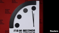 The 'Doomsday Clock' is moved to 90 seconds to midnight - closer than ever before to the threat of annihilation, at the National Press Club in Washington, Jan. 24, 2023.