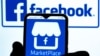 ILUSTRASI - Ikon Marketplace by Facebook di layar telepon pintar dengan latar belakang logo Facebook.