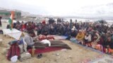 Locals visit Sonam Wangchuk during his 5-day climate fast, at the Himalayan Institute of Alternatives Ladakh, in Phyang, Ladakh. (Sonam Dorje for VOA)