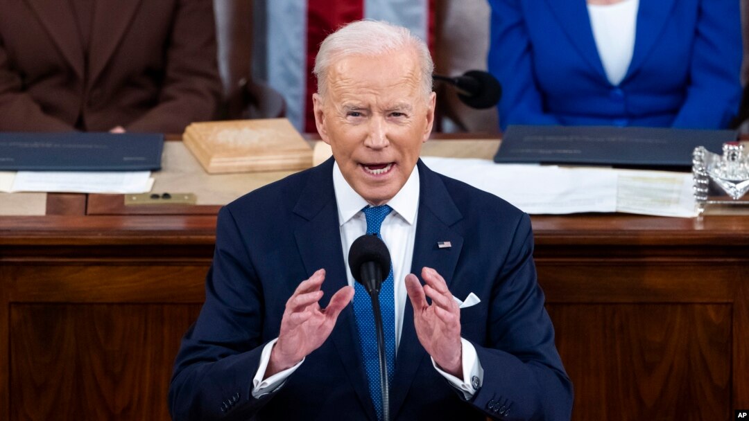 Perezida Joe Biden w'Amerika ubwo yagezaga Ijambo ryerekana uko igihugu gihagaze bwa mbere. Hari taliki 1/3/2022 i Washington. 