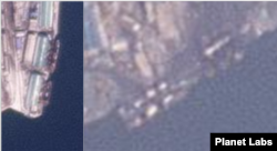 북한 남포 항에 하얀 물체를 실은 선박 2척(왼쪽)이 보인다. 석탄 항구에는 길이 150m 선박이 식량으로 보이는 하얀 물체를 싣고 있다. 사진=Planet Labs