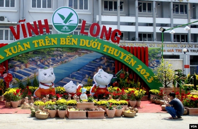 A man takes pictures of a Year of the Cat display in Ho Chi Minh City on Jan. 19, 2023. (VOA Vietnamese Service)