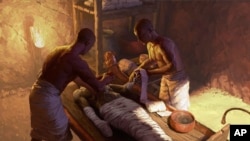 This illustration provided by Nikola Nevenov in January 2023 depicts an embalming process in an underground chamber in Saqqara, Egypt. For thousands of years, ancient Egyptians mummified their dead to help them reach eternal life.