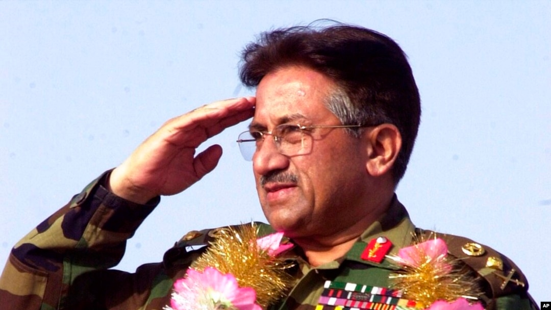FILE - President of Pakistan Gen. Pervez Musharraf salutes on April 9, 2002, at a rally in Lahore, Pakistan. 