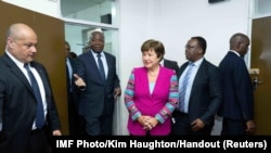FILE: IMF Managing Director Kristalina Georgieva meets with Zambia's Minister of Finance Situmbeko Musokotwane and Governor of the Bank of Zambia Denny Kalyalya at the Ministry of Finance in Lusaka, on Jan. 23, 2023. 