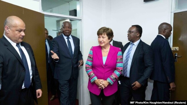 IMF Managing Director Kristalina Georgieva meets with Zambia's Minister of Finance Situmbeko Musokotwane and Governor of the Bank of Zambia Denny Kalyalya at the Ministry of Finance in Lusaka, Jan. 23, 2023.