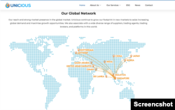 9일 미 재무부 해외자산통제실에 제재된 싱가포르 기업 유니셔서 홈페이지. 거래 망에 한국, 일본도 포함돼 있다.