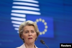 European Commission President Ursula von der Leyen speaks during a news conference at the European leaders summit in Brussels, Belgium, Feb. 10, 2023.
