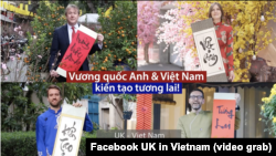 Đại sứ Anh Iain Frew (góc phải dưới) và Tổng lãnh sự tại TP.HCM Emily Hamblin (góc phải trên) trong video chúc Tết Quý Mão gửi người dân Việt Nam (Ảnh chụp từ video của Đại sứ quán Anh tại Việt Nam).