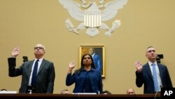 From left, former Twitter executives James Baker, Vijaya Gadde, and Yoel Roth, are sworn in to testify during a House Committee on Oversight and Accountability hearing on Capitol Hill, in Washington, Feb. 8, 2023.
