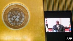 FILE - Uganda's President Yoweri Kaguta Museveni remotely addresses the 76th session of the United Nations General Assembly at UN headquarters on Sept. 23, 2021 in New York.