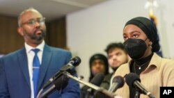 Aram Wedatalla, a Hamline University senior and the president of Muslim Student Association (MSA), speaks during a news conference at CAIR-MN office, Jan. 11, 2023, in Minneapolis. 