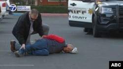 A suspect is arrested by law enforcement personnel after a mass shooting at two locations in the coastal northern California city of Half Moon Bay, California, U.S. January 23, 2023 in a still image from video. ABC Affiliate KGO via REUTERS.