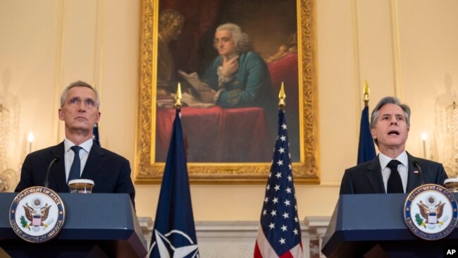 U.S. Secretary of State Antony Blinken, right, and NATO Secretary-General Jens Stoltenberg speak at a press conference after meeting at the State Department in Washington, Feb. 8, 2023.