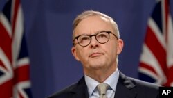 FILE - Leader of the opposition Labor Party, Anthony Albanese speaks to the media during a press conference in Sydney, Sunday, April 10, 2022.