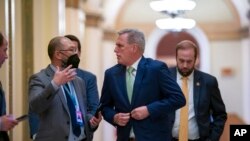 US House Minority Leader Kevin McCarthy, R-Calif., talks to reporters at the Capitol in Washington, April 6, 2022.