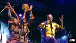 Le musicien nigérian Femi Kuti, fils de Fela Kuti, le créateur de l'Afrobeat se produit lors du Festival Femua à Abidjan, en Coôe d'Ivoire le 28 avril 2019. (SIA KAMBOU/AFP)